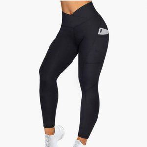 Women High Waisted V Crossover Leggings with Pockets | Large | Black